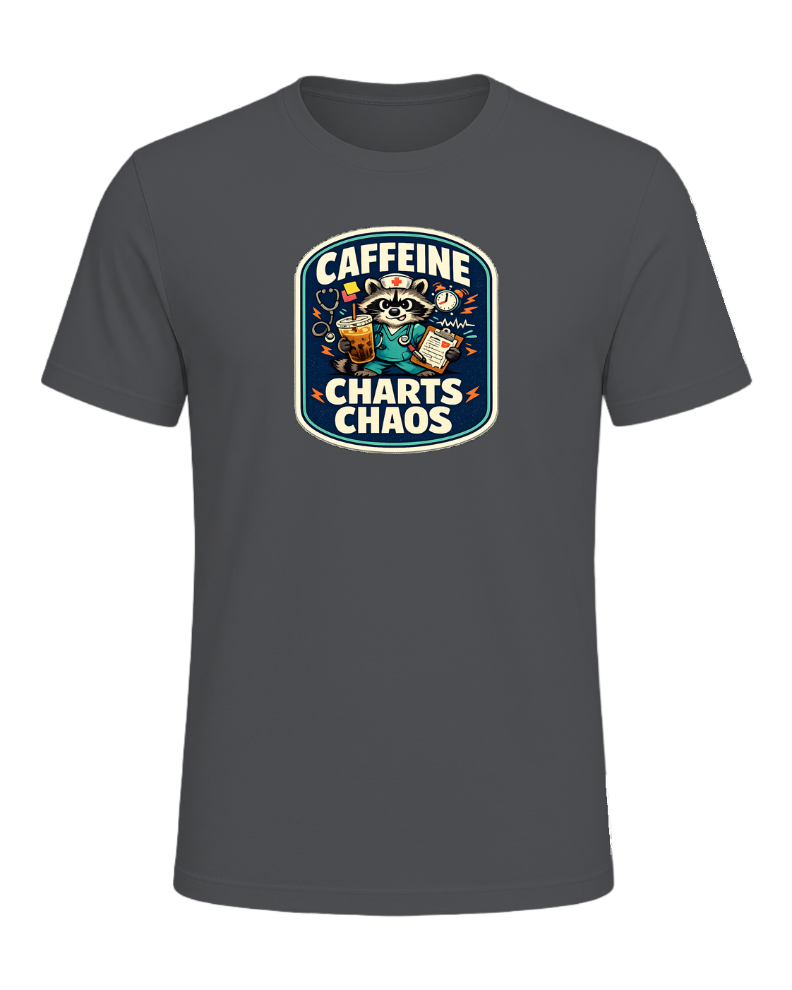 Caffeine Charts Chaos Tee — Asphalt