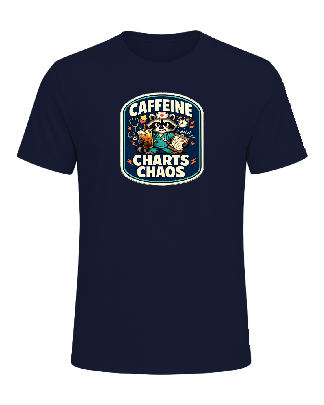 Caffeine Charts Chaos Tee — Navy