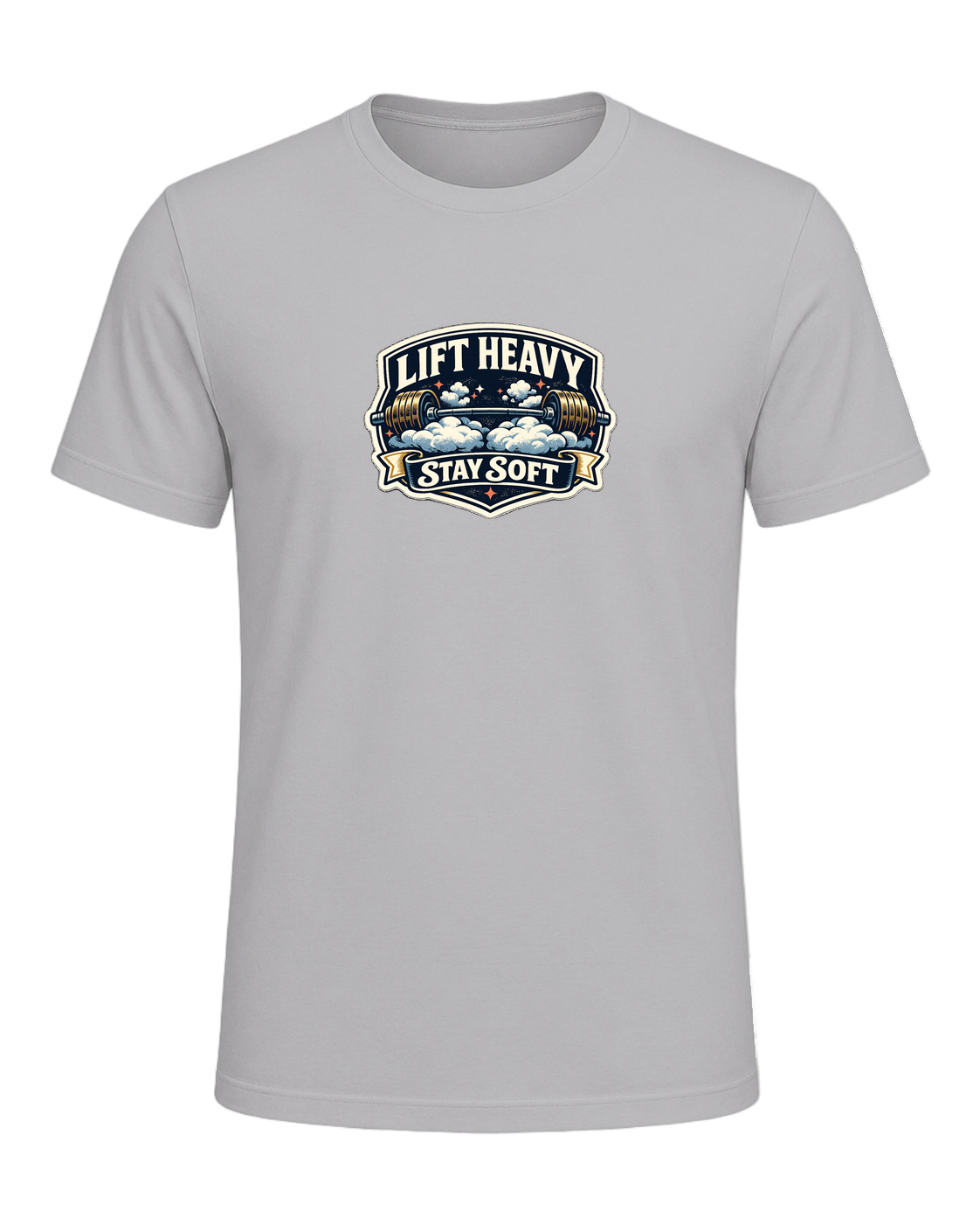 A funny vintage gym badge tee for lifters who train heavy and keep a soft heart. — Athletic Heather