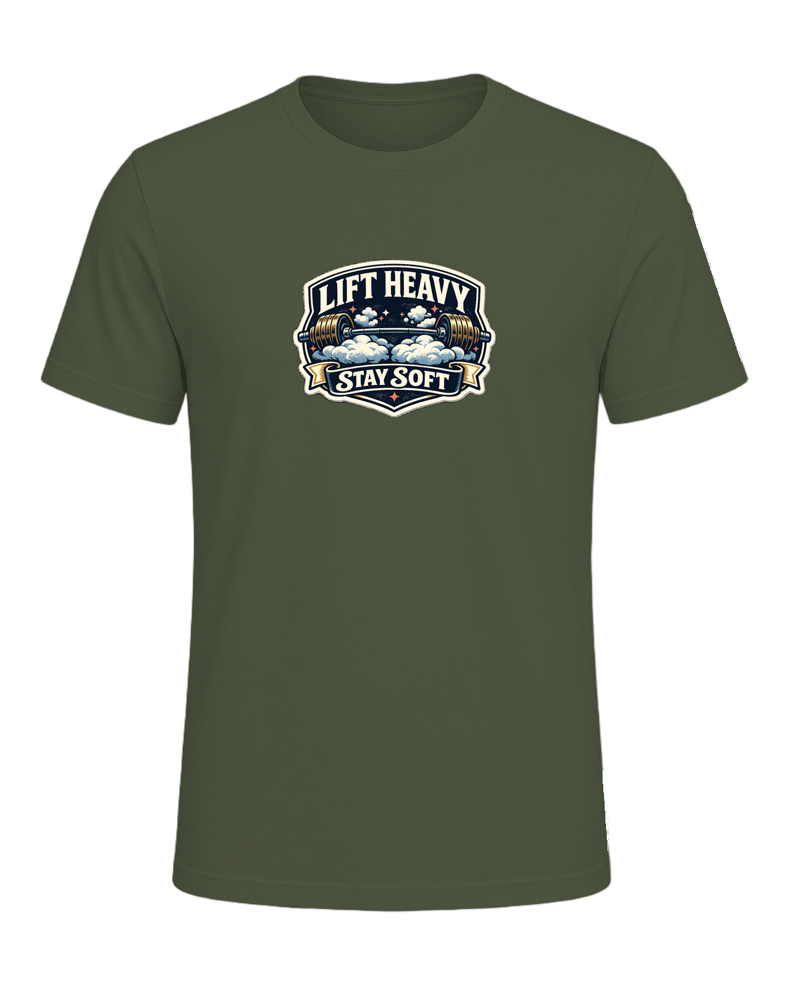 A funny vintage gym badge tee for lifters who train heavy and keep a soft heart. — Military Green