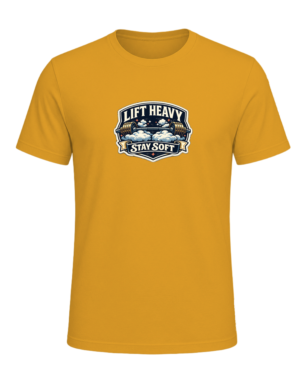 A funny vintage gym badge tee for lifters who train heavy and keep a soft heart. — Mustard