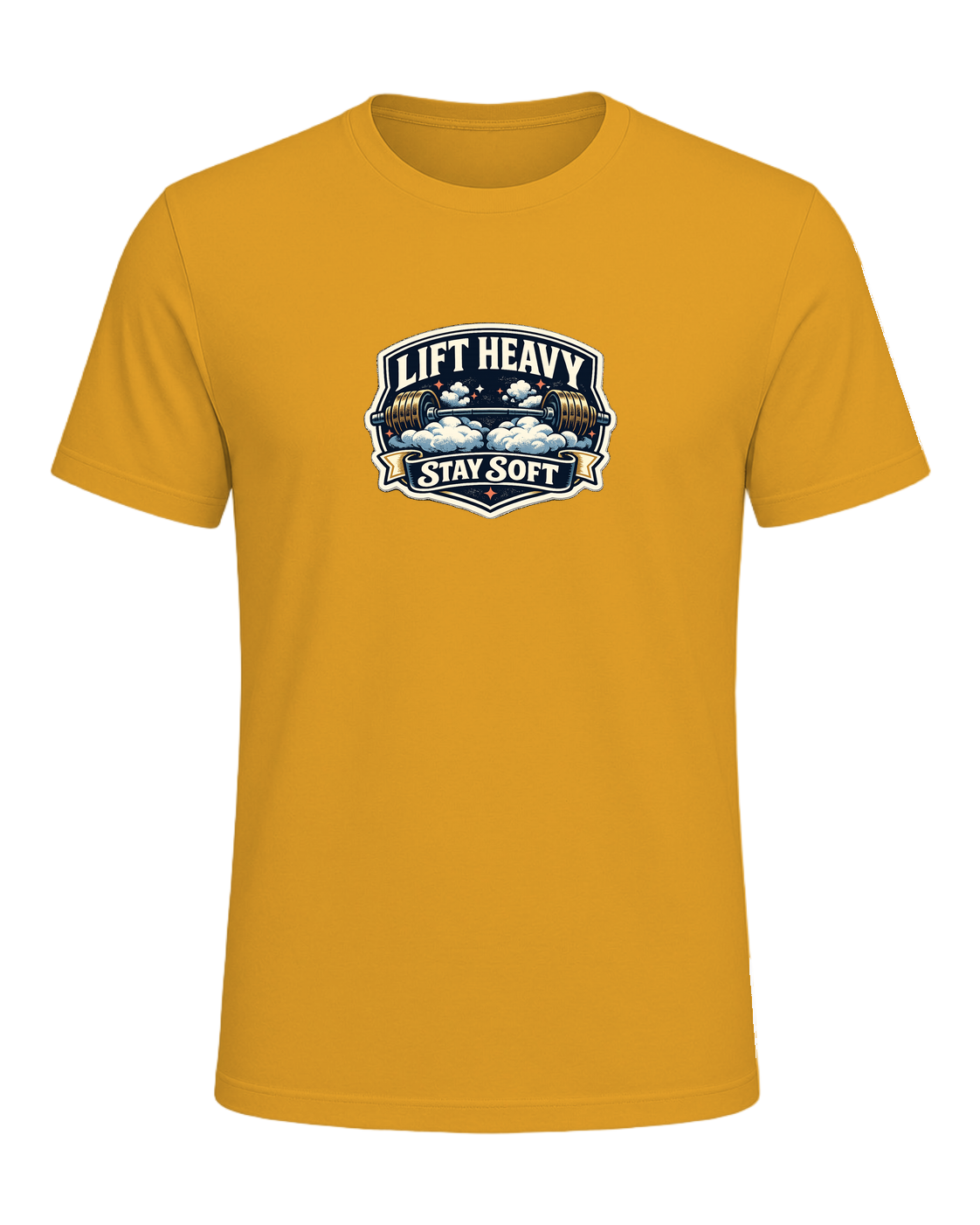 A funny vintage gym badge tee for lifters who train heavy and keep a soft heart. — Mustard