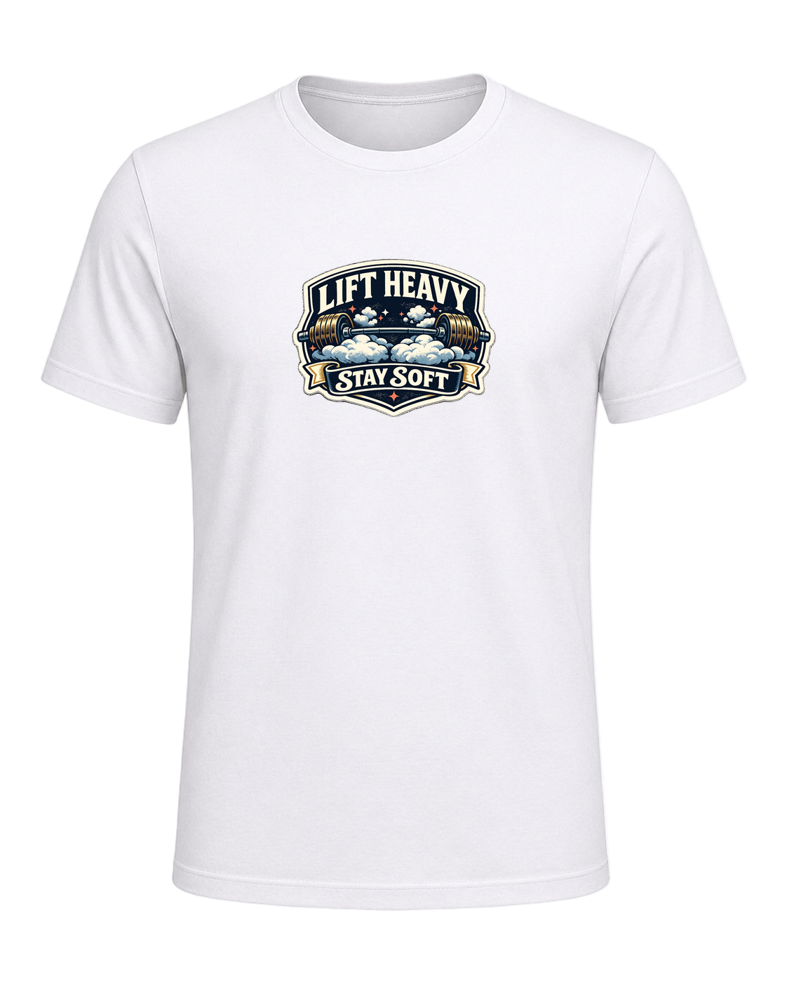 A funny vintage gym badge tee for lifters who train heavy and keep a soft heart. — White