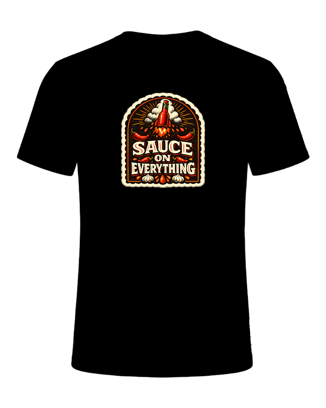 A bold vintage hot sauce label tee for the person who puts sauce on everything. — Black