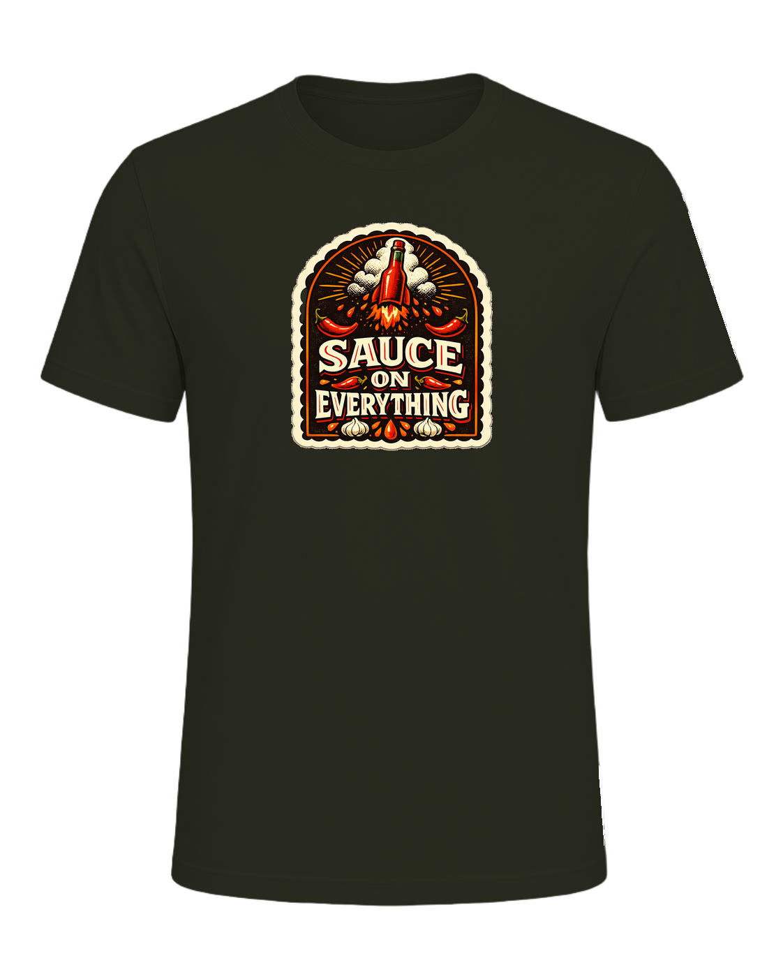 A bold vintage hot sauce label tee for the person who puts sauce on everything. — Dark Olive