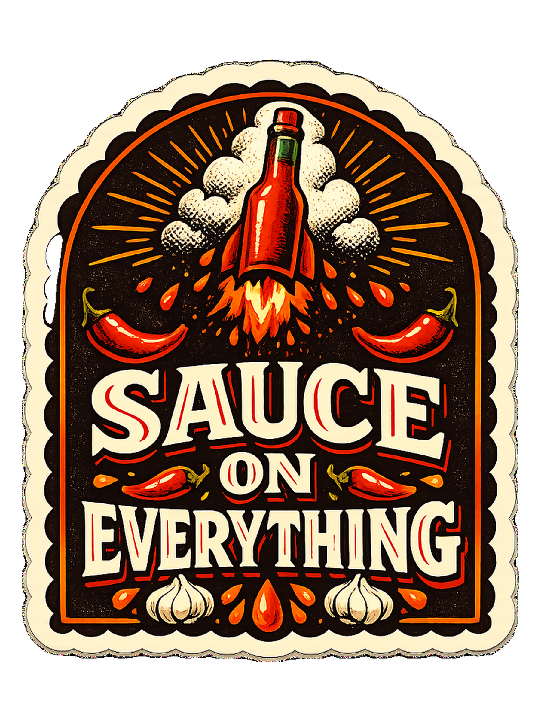 A bold vintage hot sauce label tee for the person who puts sauce on everything.