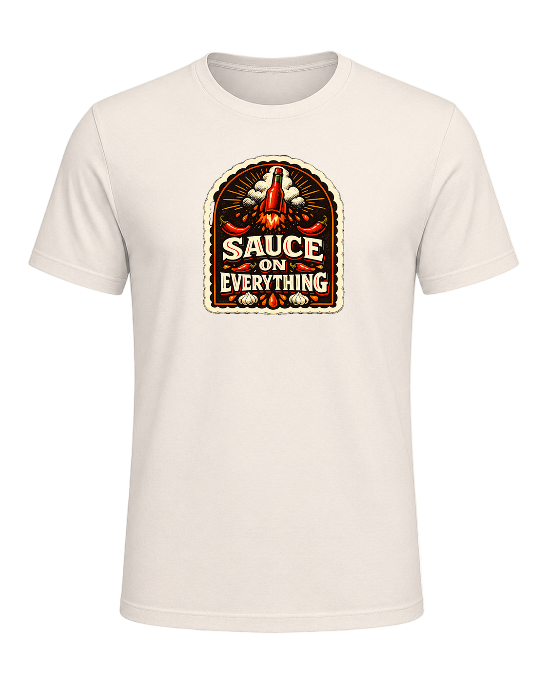 A bold vintage hot sauce label tee for the person who puts sauce on everything. — Natural