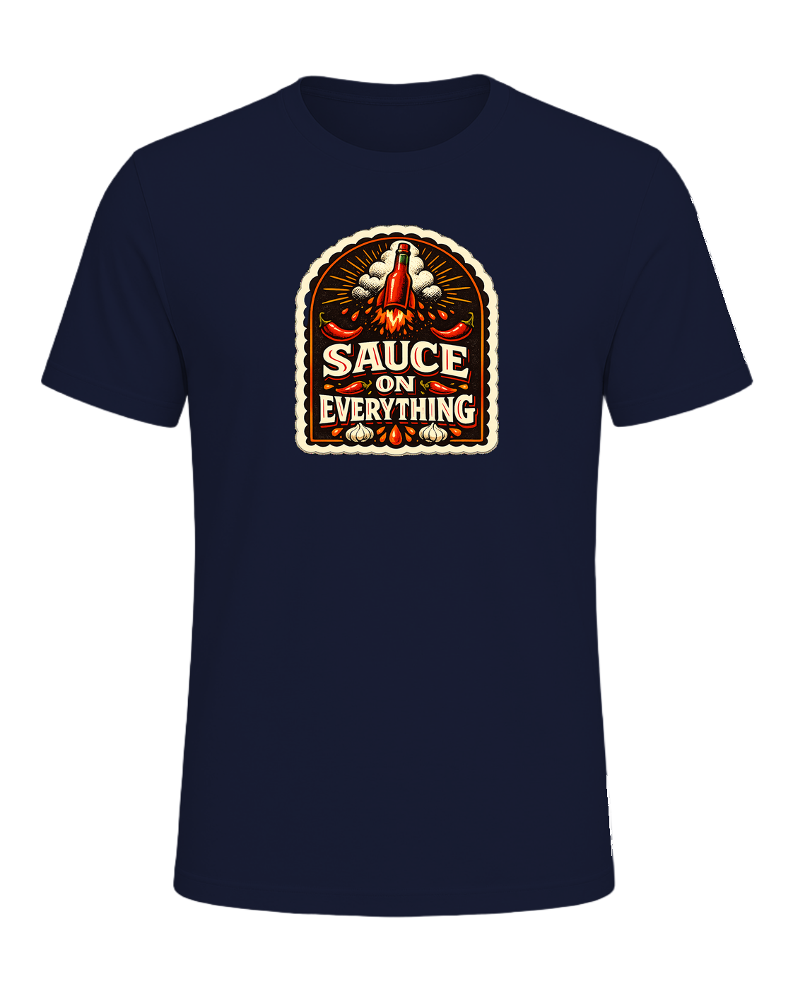 A bold vintage hot sauce label tee for the person who puts sauce on everything. — Navy