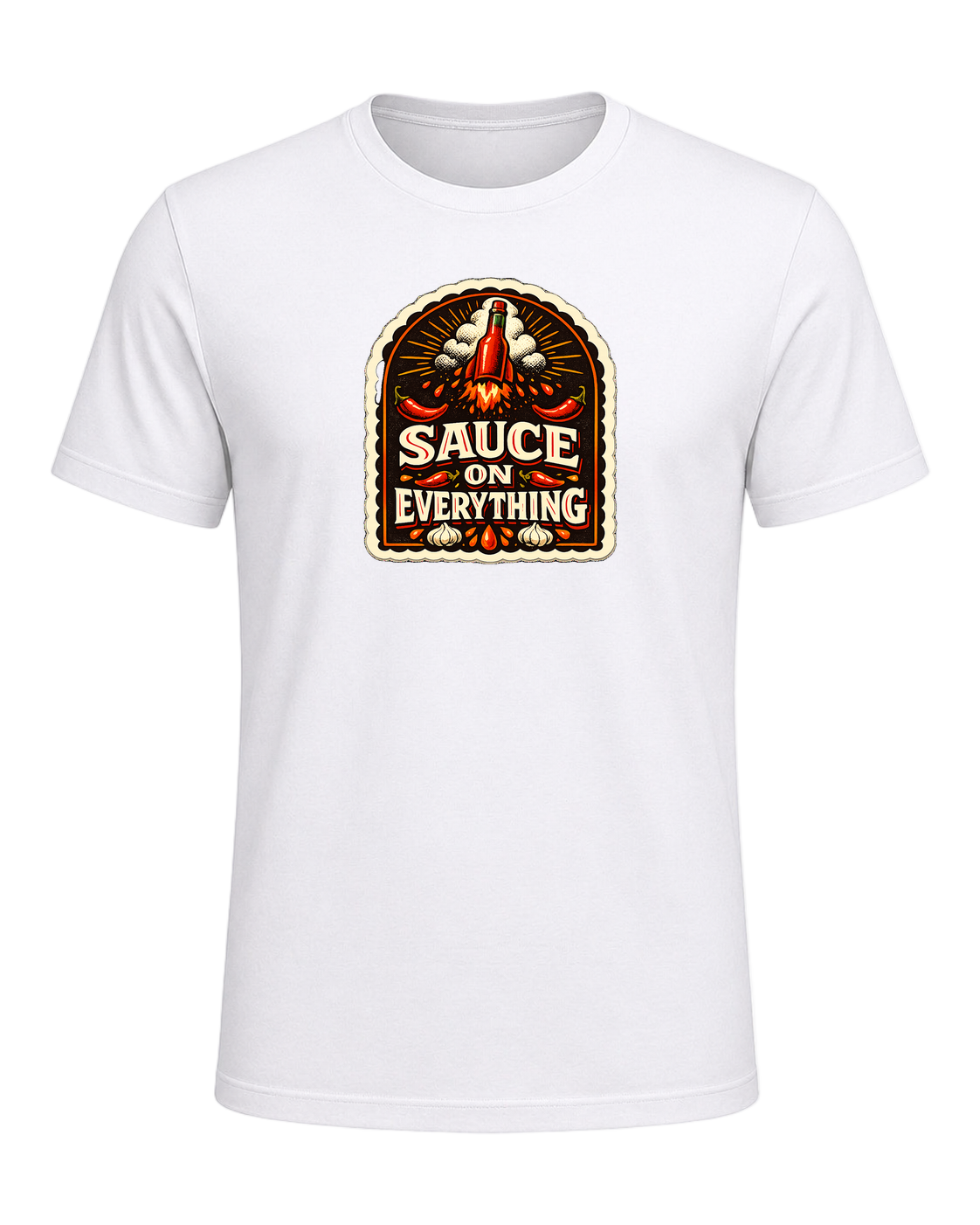 A bold vintage hot sauce label tee for the person who puts sauce on everything. — White