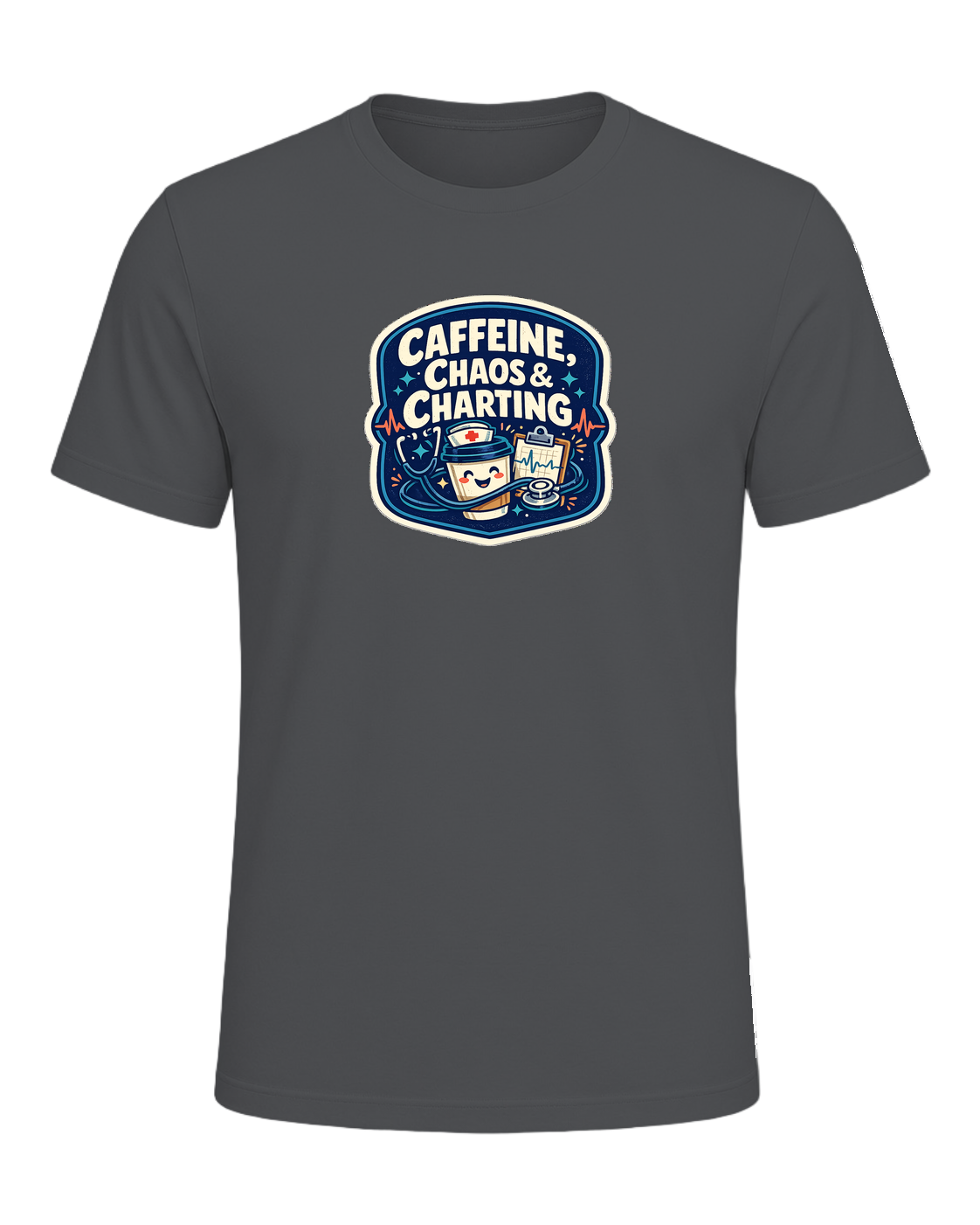 Caffeine, Chaos & Charting Tee — Asphalt