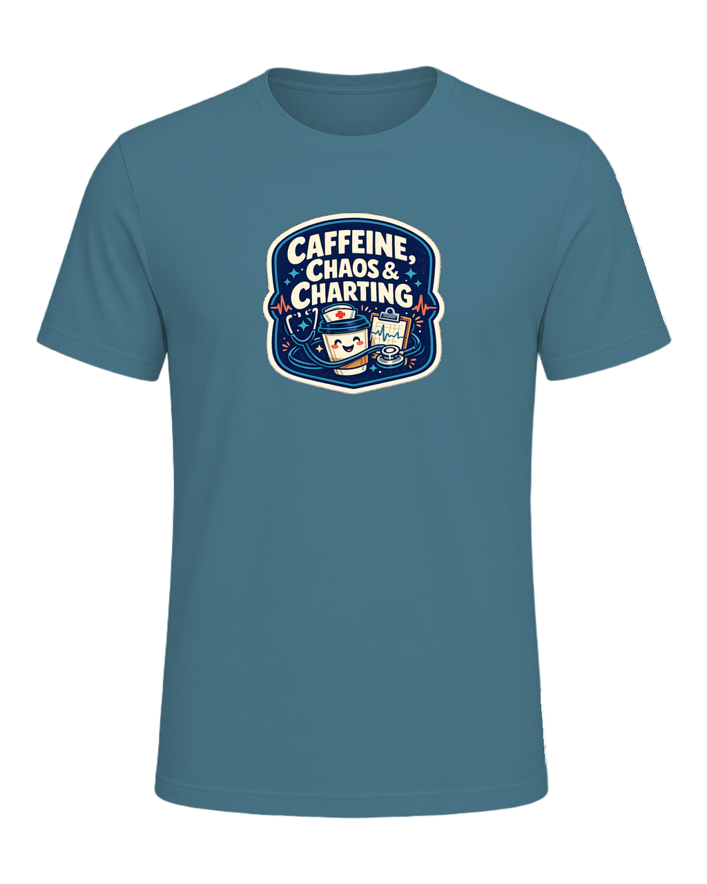 Caffeine, Chaos & Charting Tee — Heather Deep Teal