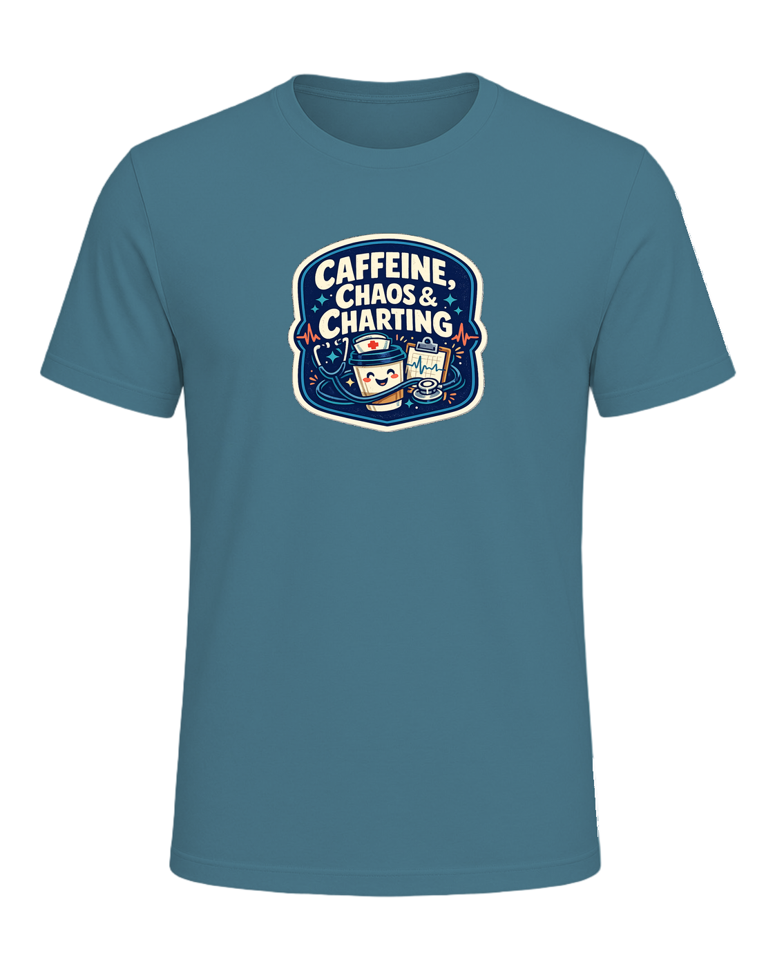 Caffeine, Chaos & Charting Tee — Heather Deep Teal
