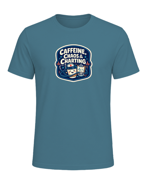 Caffeine, Chaos & Charting Tee — Heather Deep Teal
