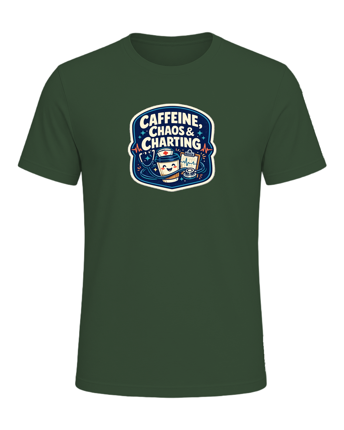 Caffeine, Chaos & Charting Tee — Heather Forest