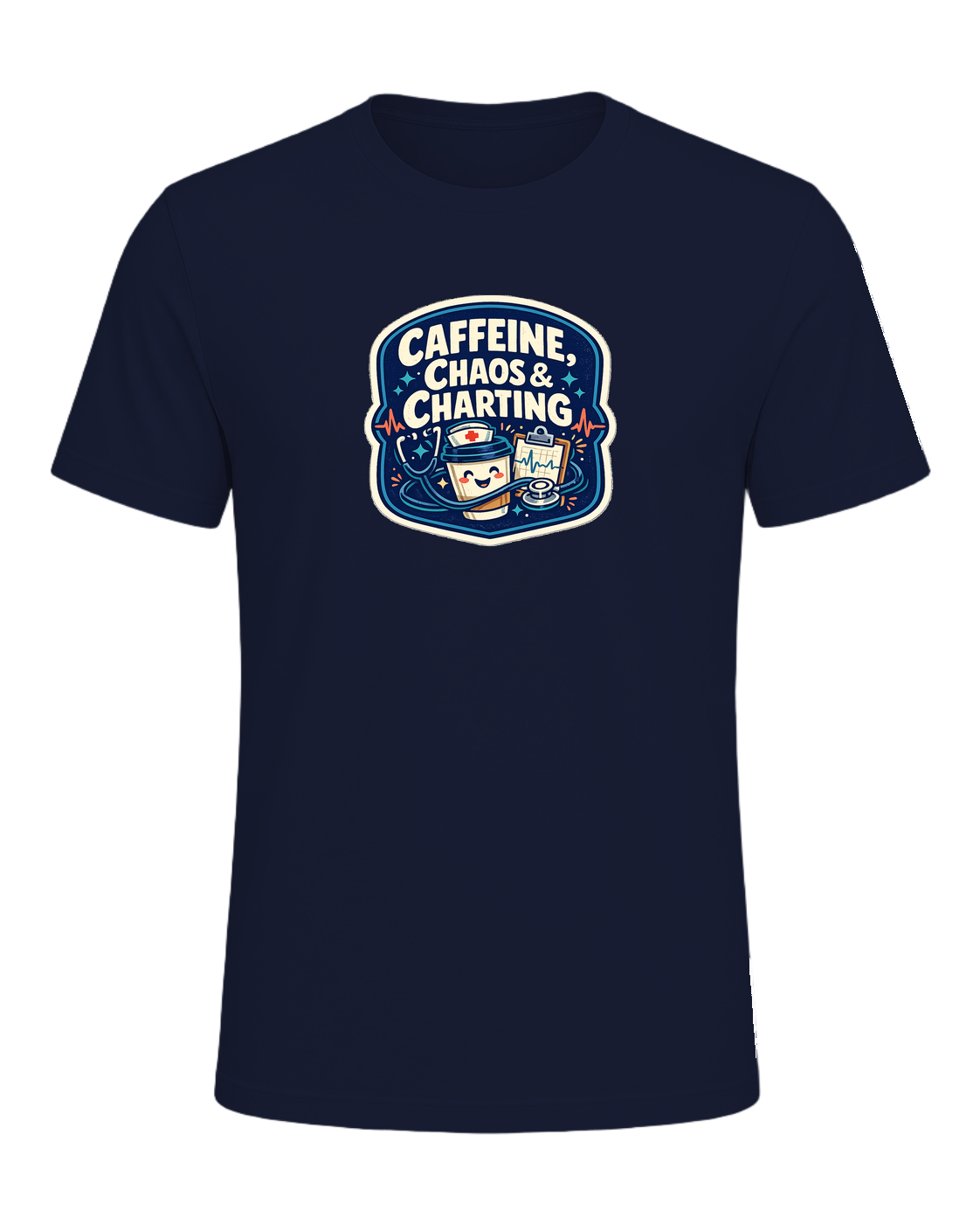 Caffeine, Chaos & Charting Tee — Navy