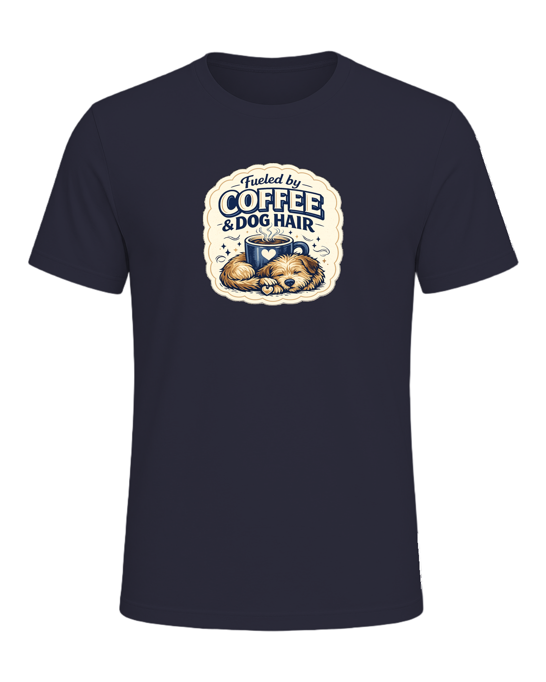 Fueled By Coffee & Dog Hair Tee — Heather Navy