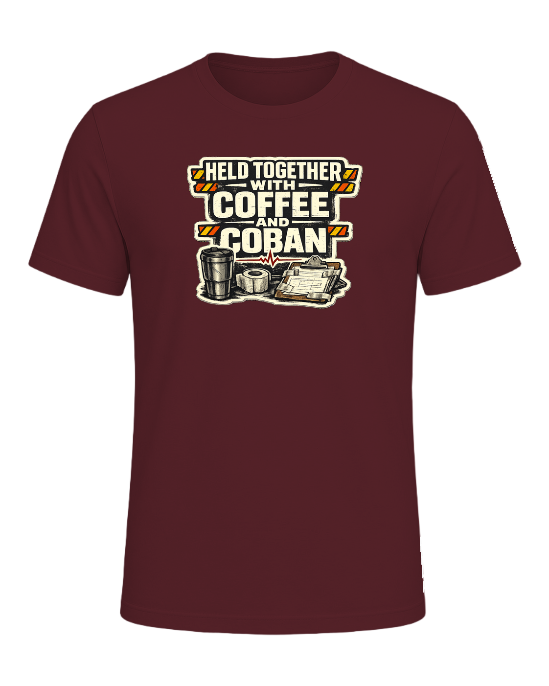 Held Together With Coffee And Coban Tee — Maroon