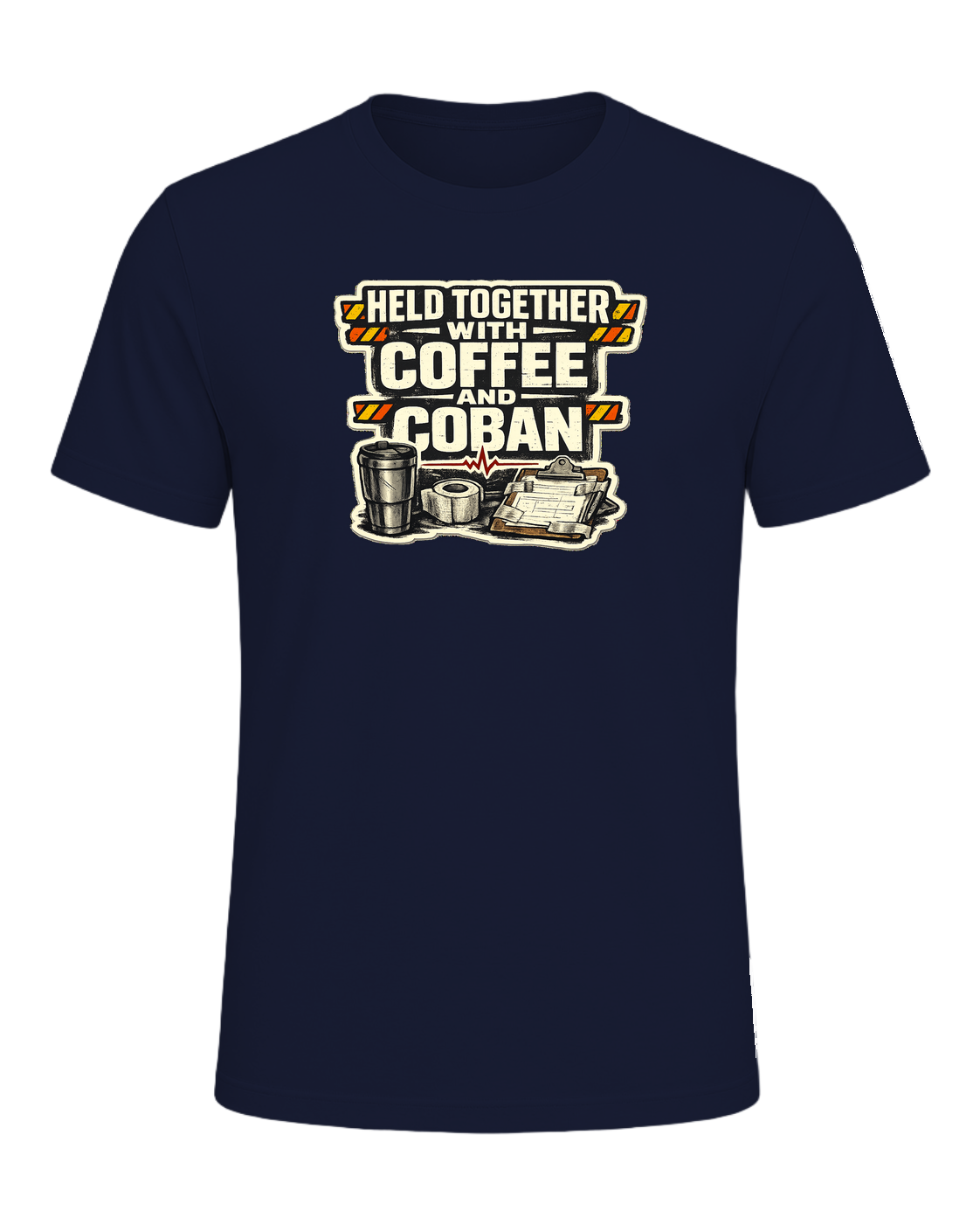 Held Together With Coffee And Coban Tee — Navy
