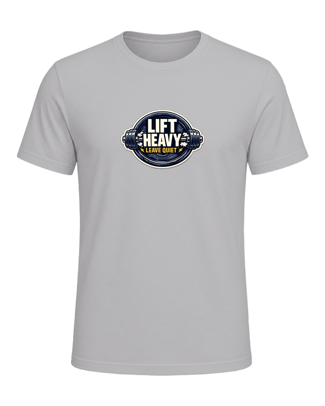 A clean barbell badge tee for lifters who train hard and keep the noise low. — Athletic Heather