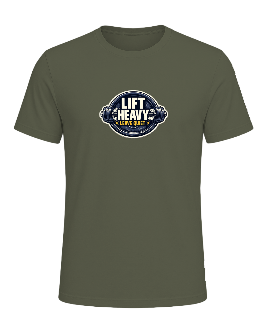 A clean barbell badge tee for lifters who train hard and keep the noise low. — Heather Military Green