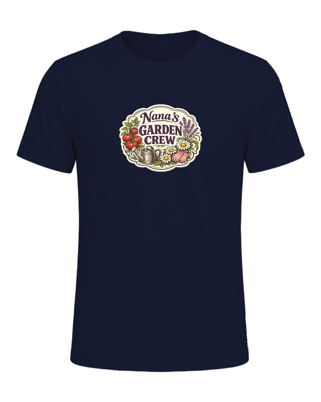 A sweet vintage garden badge tee for the Nana whose backyard is her happy place. — Navy