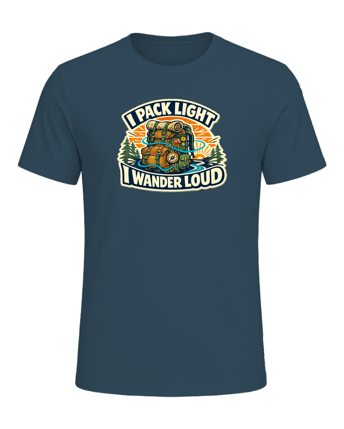 A bold travel wanderer tee for one-bag people who turn every trip into a story. — Deep Teal
