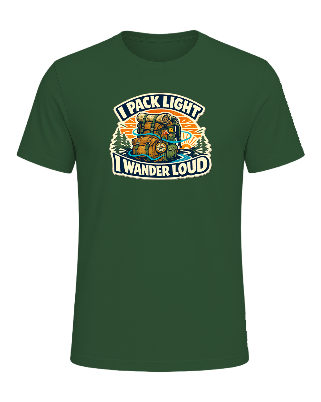 A bold travel wanderer tee for one-bag people who turn every trip into a story. — Evergreen