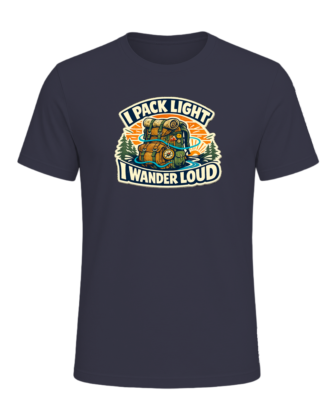 A bold travel wanderer tee for one-bag people who turn every trip into a story. — Heather Midnight Navy
