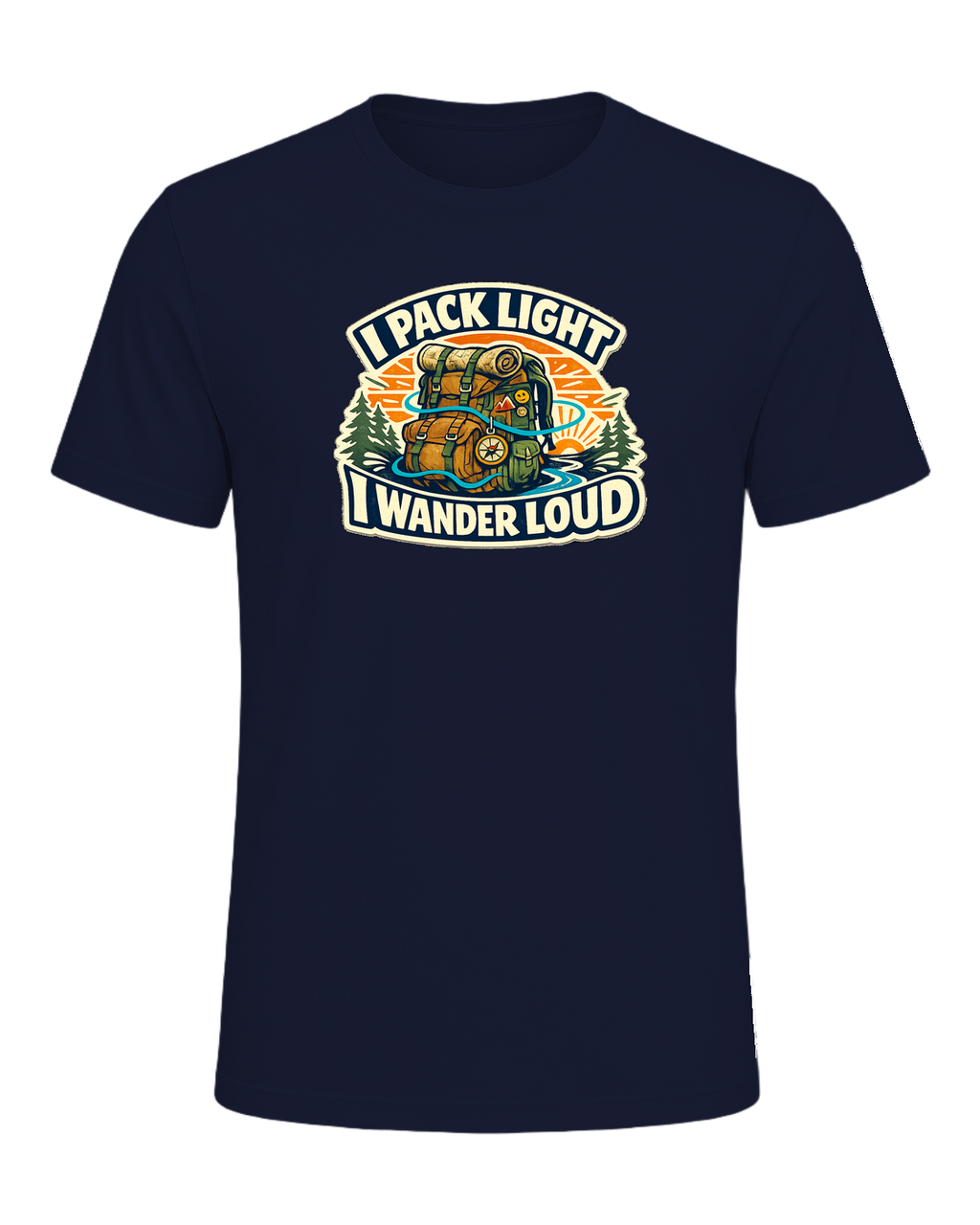 A bold travel wanderer tee for one-bag people who turn every trip into a story. — Navy