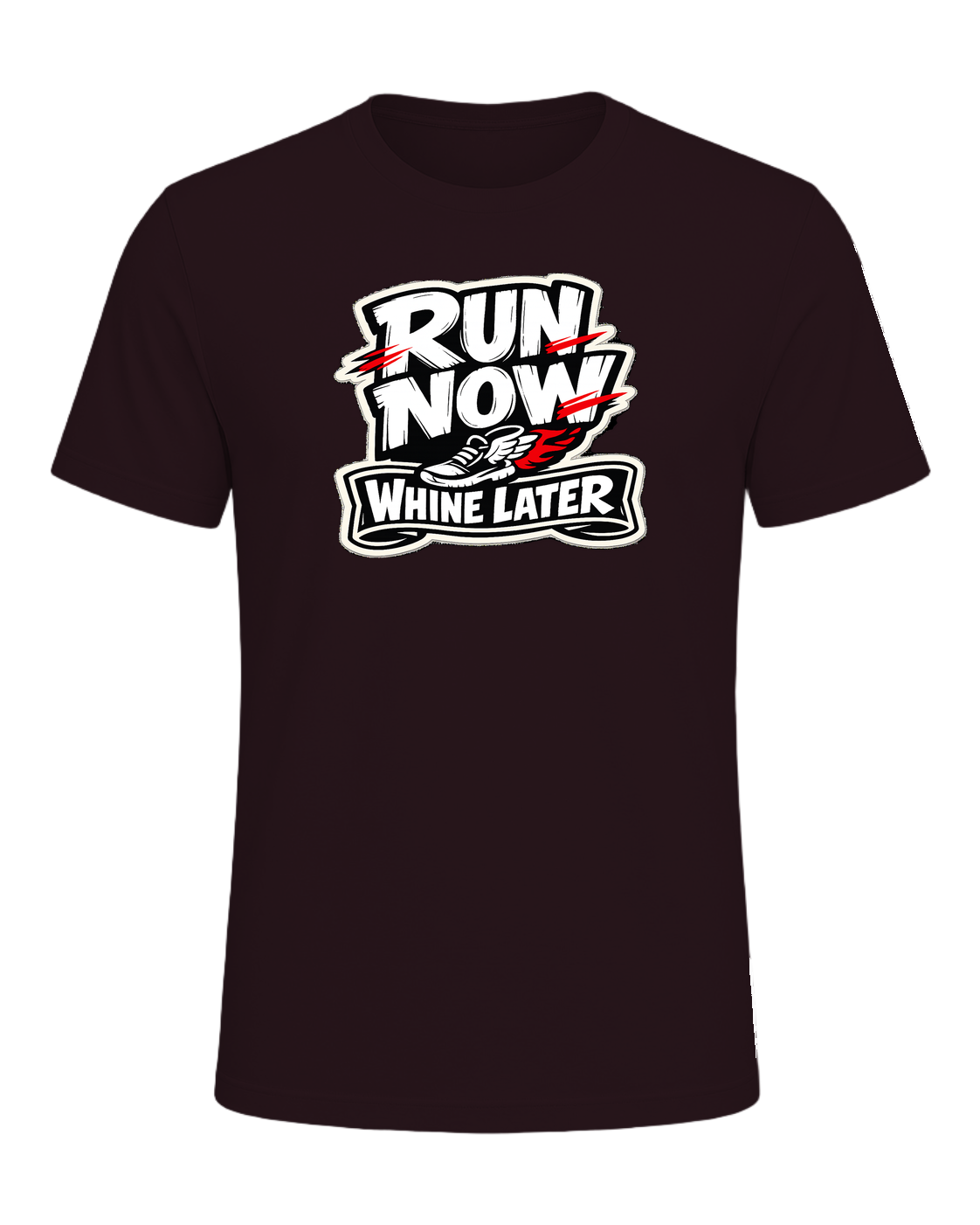 A loud runner tee for people who complain through the miles and still show up. — Oxblood Black