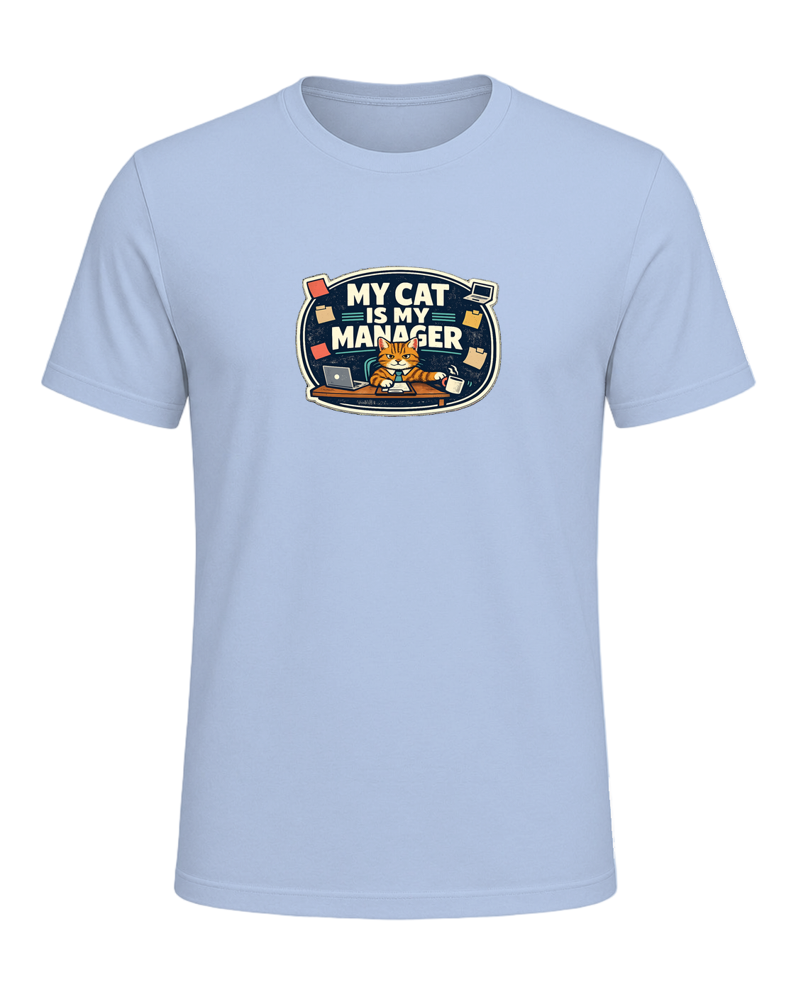 A funny cat-parent tee for people whose cat clearly runs the household. — Baby Blue