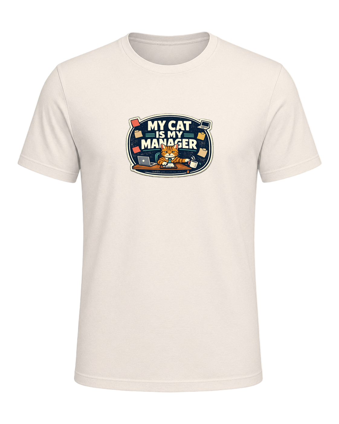 A funny cat-parent tee for people whose cat clearly runs the household. — Natural