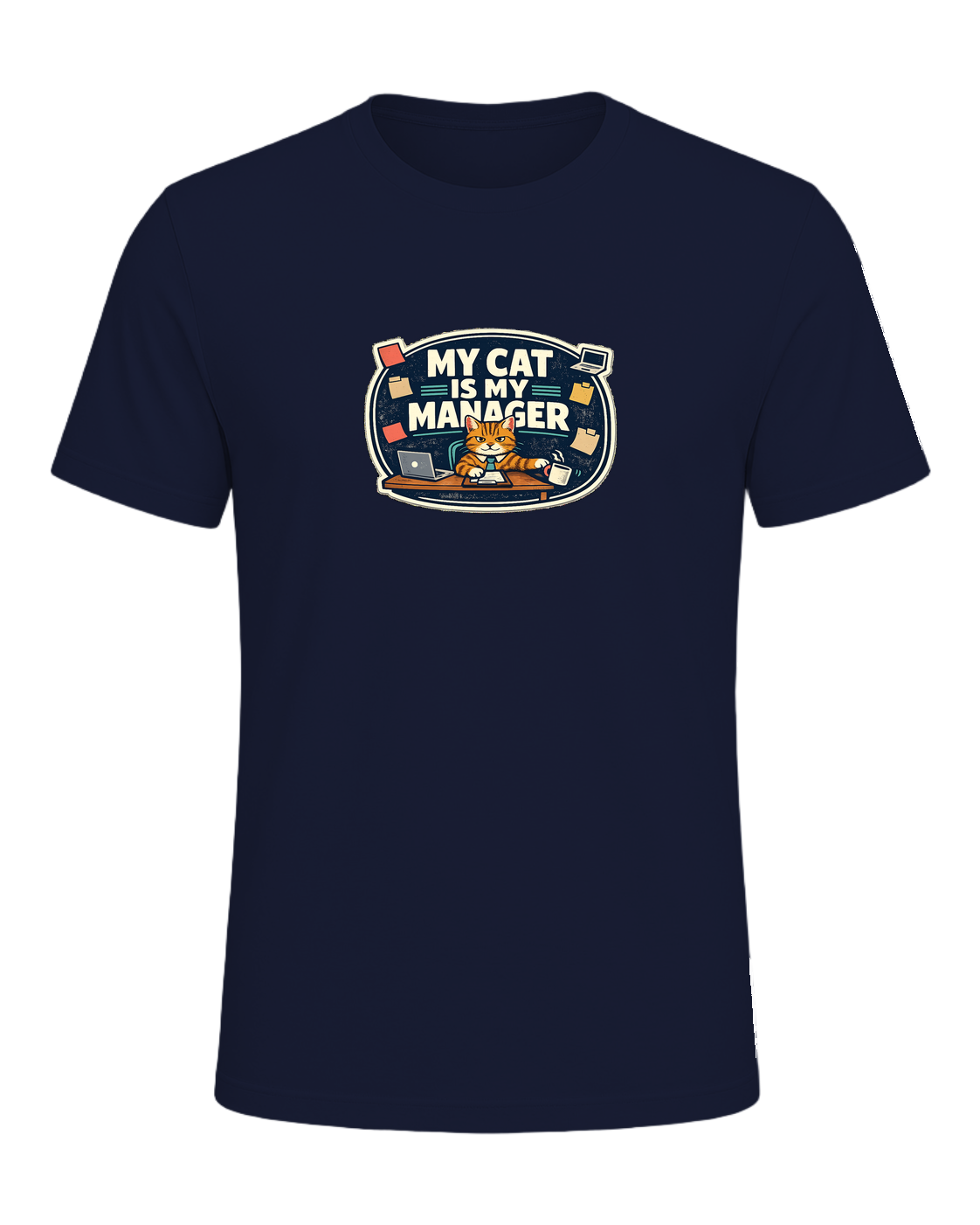 A funny cat-parent tee for people whose cat clearly runs the household. — Navy