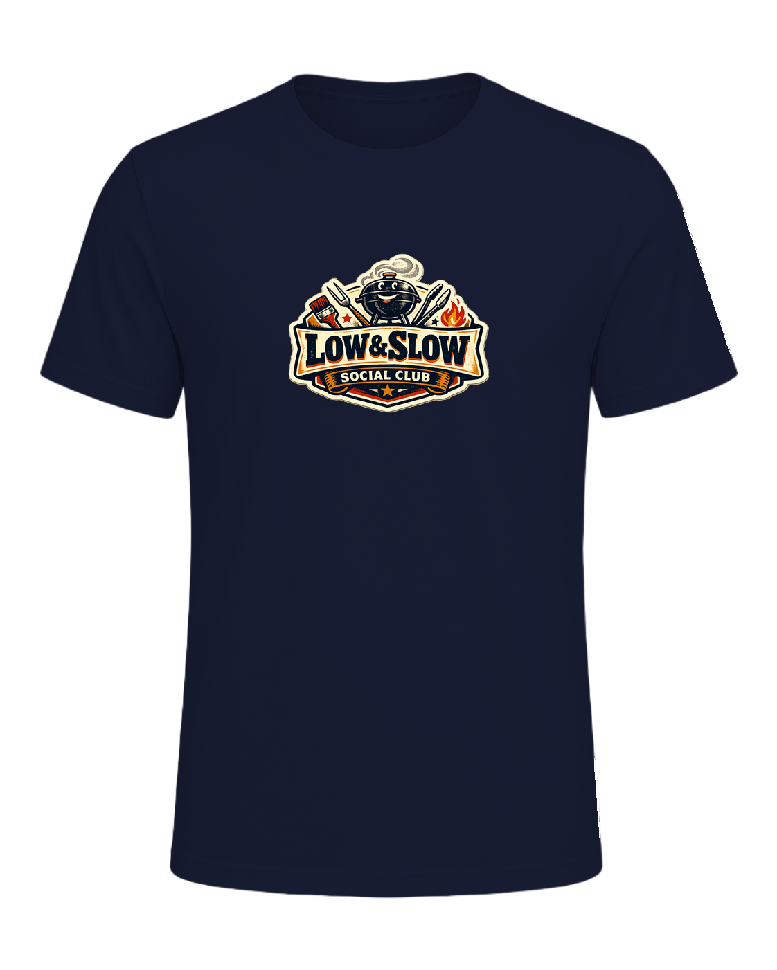 A retro BBQ badge tee for the smoker people who know good things take all day. — Navy