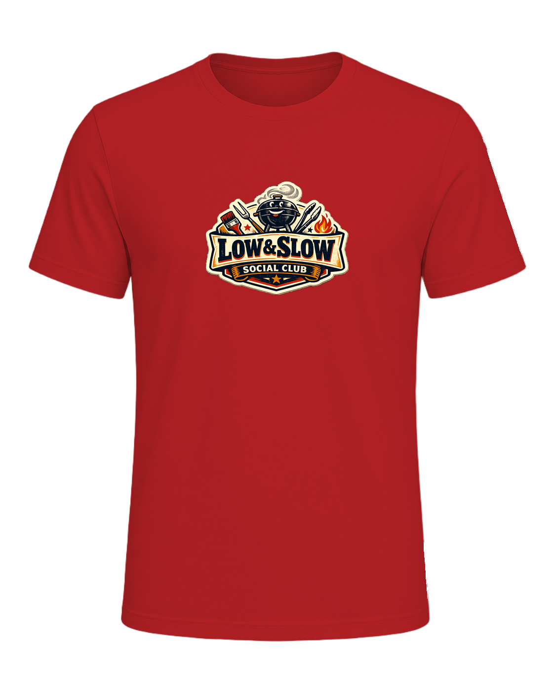 A retro BBQ badge tee for the smoker people who know good things take all day. — Red