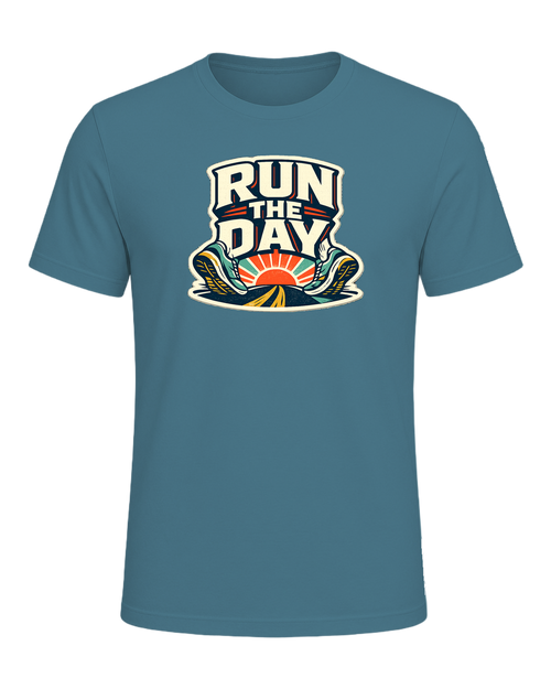 A bold retro running tee for people who start their day with miles and momentum. — Heather Deep Teal