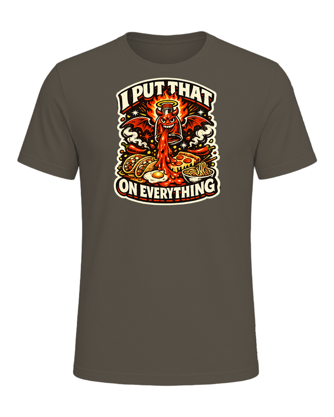 A fiery retro hot-sauce tee for the person who truly puts that on everything. — Army