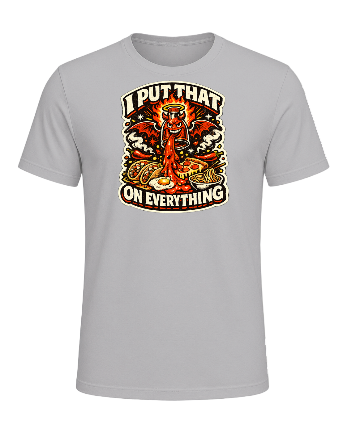 A fiery retro hot-sauce tee for the person who truly puts that on everything. — Athletic Heather