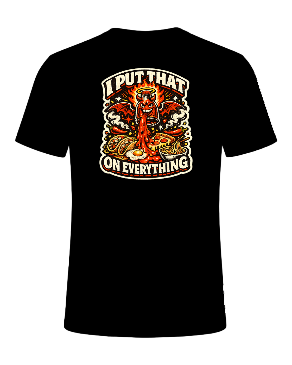 A fiery retro hot-sauce tee for the person who truly puts that on everything. — Black