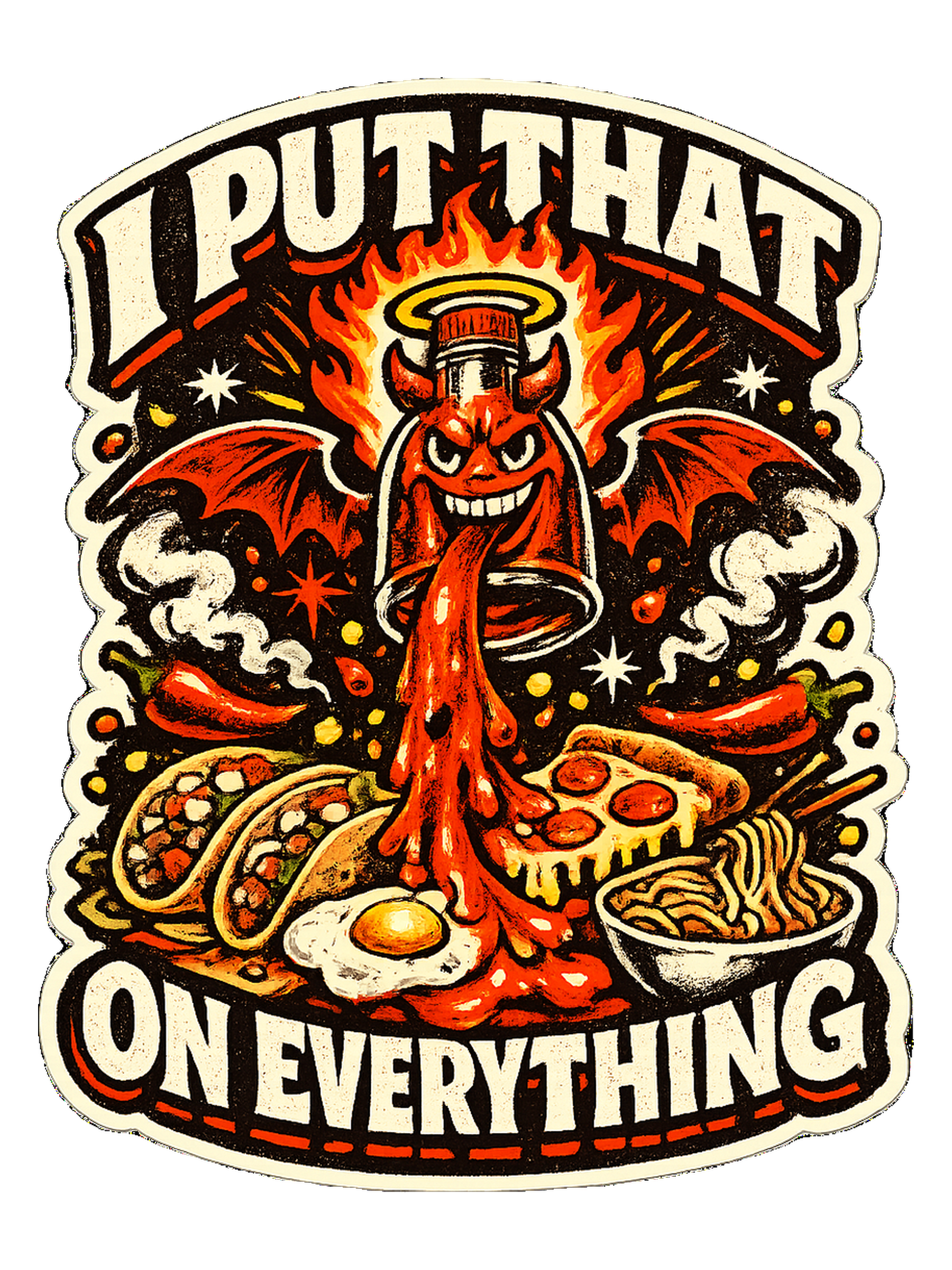 A fiery retro hot-sauce tee for the person who truly puts that on everything.