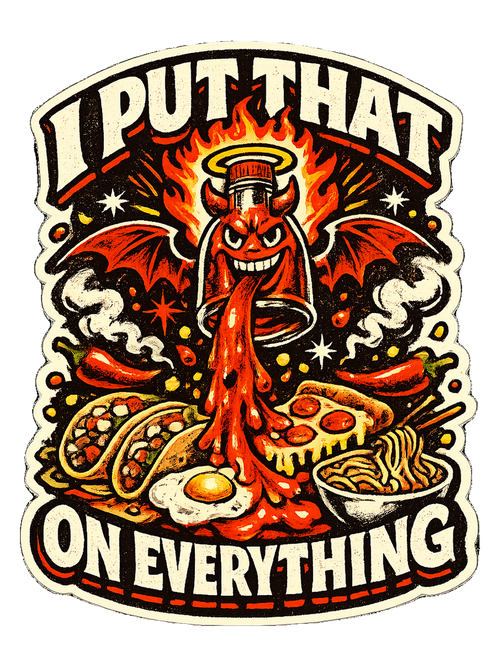 A fiery retro hot-sauce tee for the person who truly puts that on everything.
