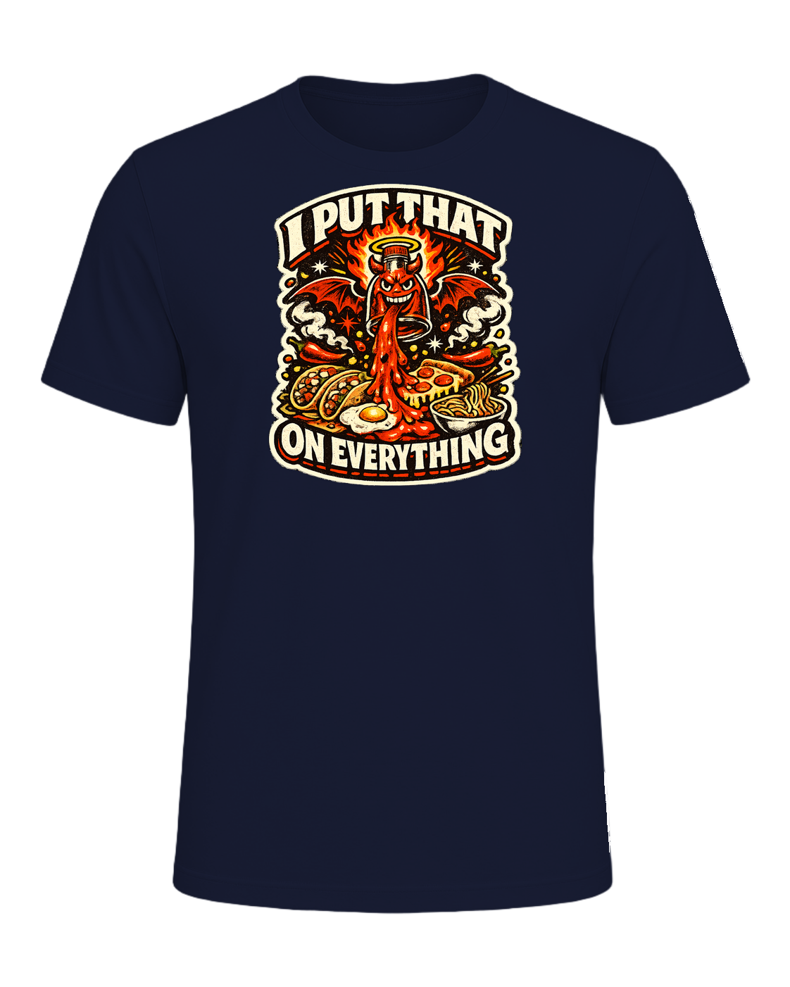 A fiery retro hot-sauce tee for the person who truly puts that on everything. — Navy