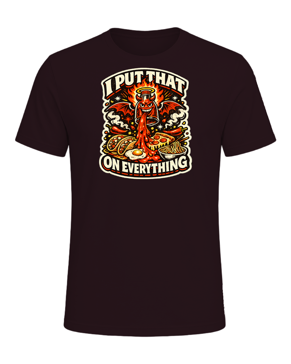 A fiery retro hot-sauce tee for the person who truly puts that on everything. — Oxblood Black