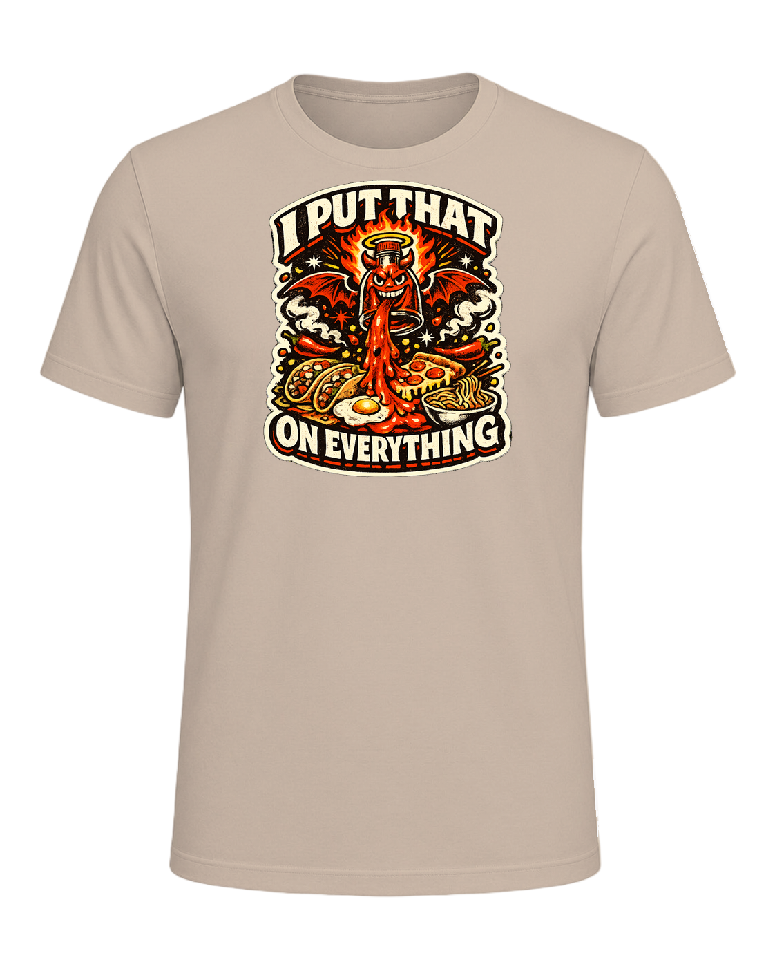 A fiery retro hot-sauce tee for the person who truly puts that on everything. — Tan