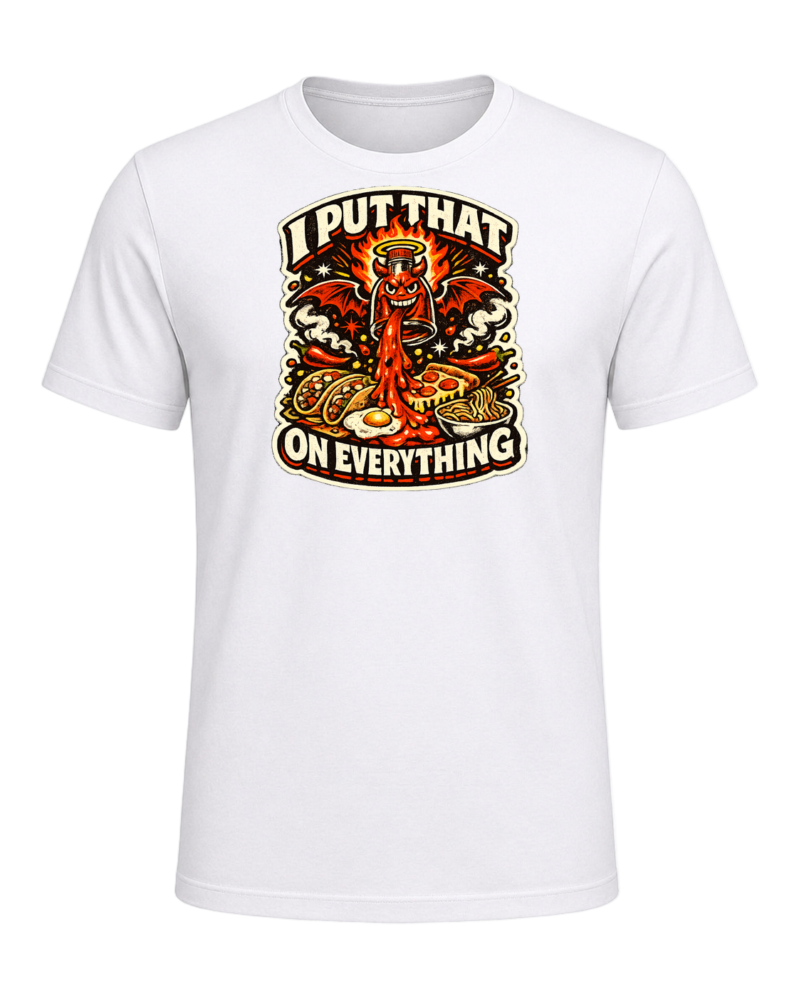 A fiery retro hot-sauce tee for the person who truly puts that on everything. — White