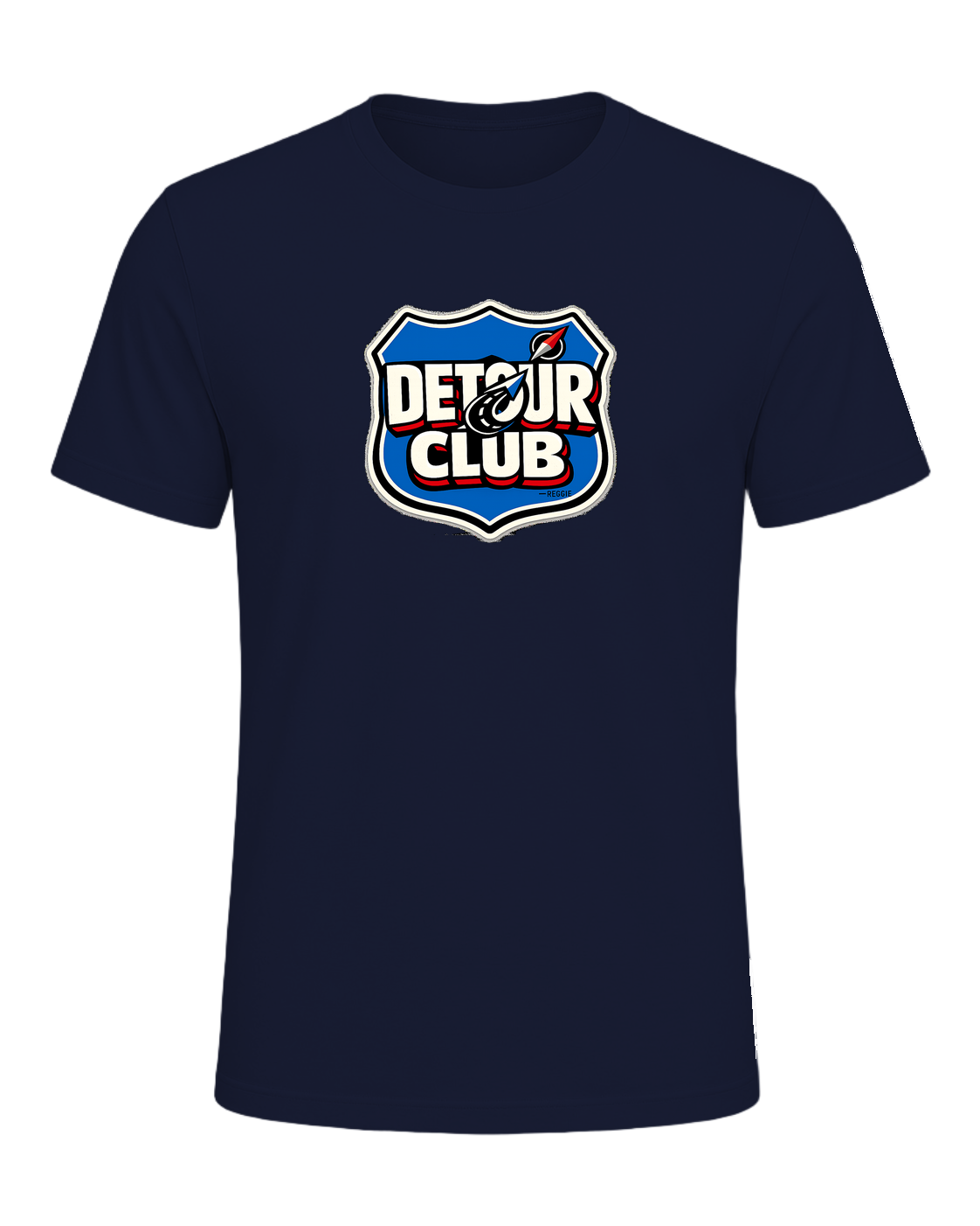 A loud travel badge tee for wanderers who believe the detour is the destination. — Navy