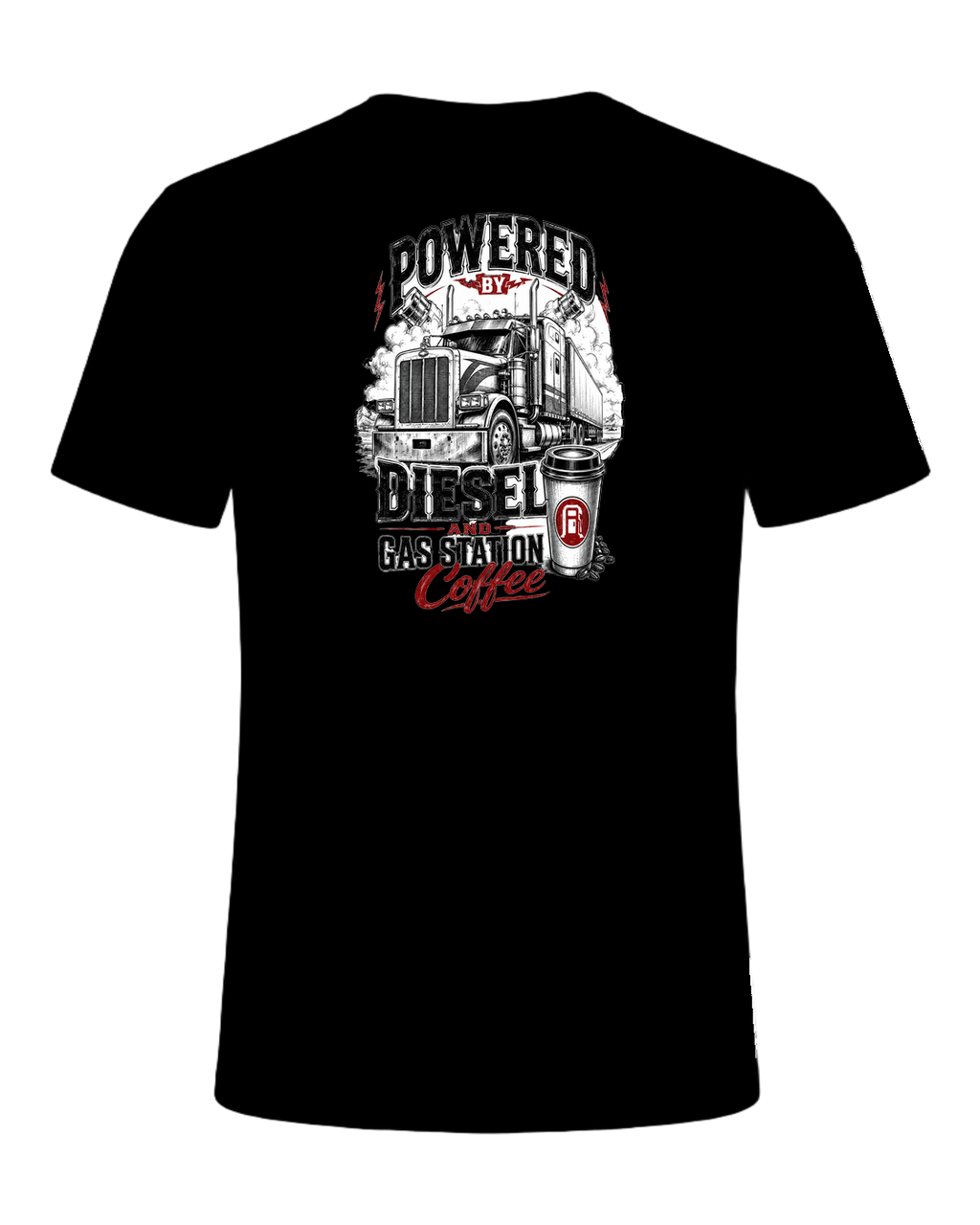Powered by diesel and gas station coffee — Black