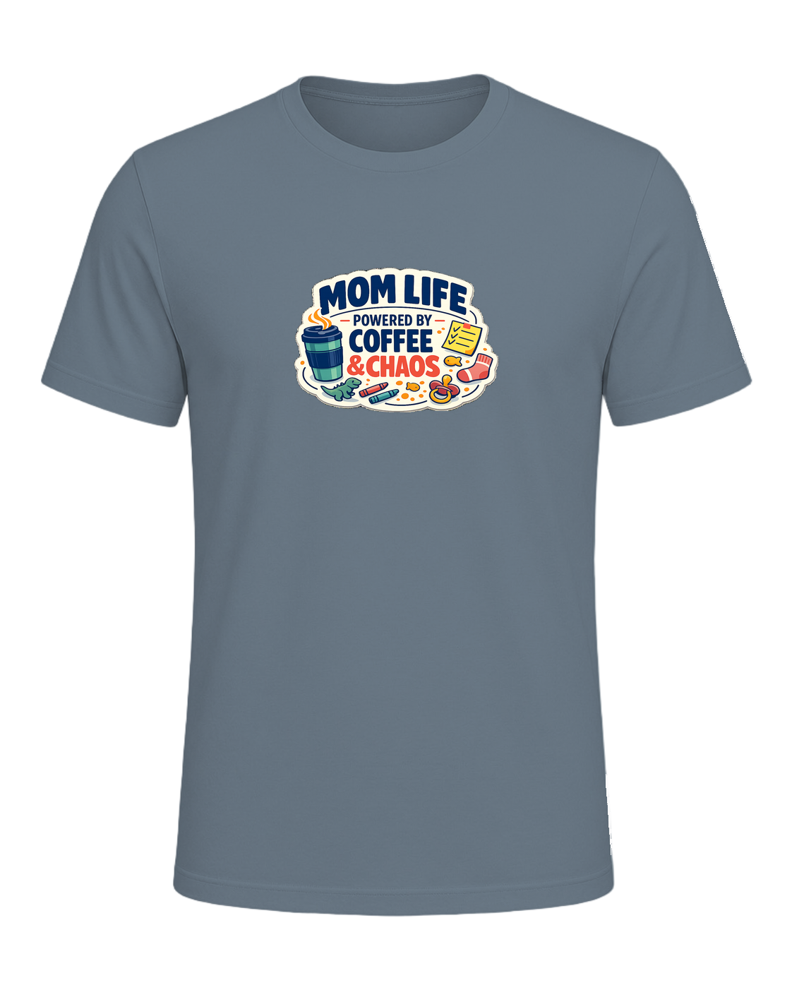 Mom Life Powered By Coffee & Chaos Tee — Heather Slate