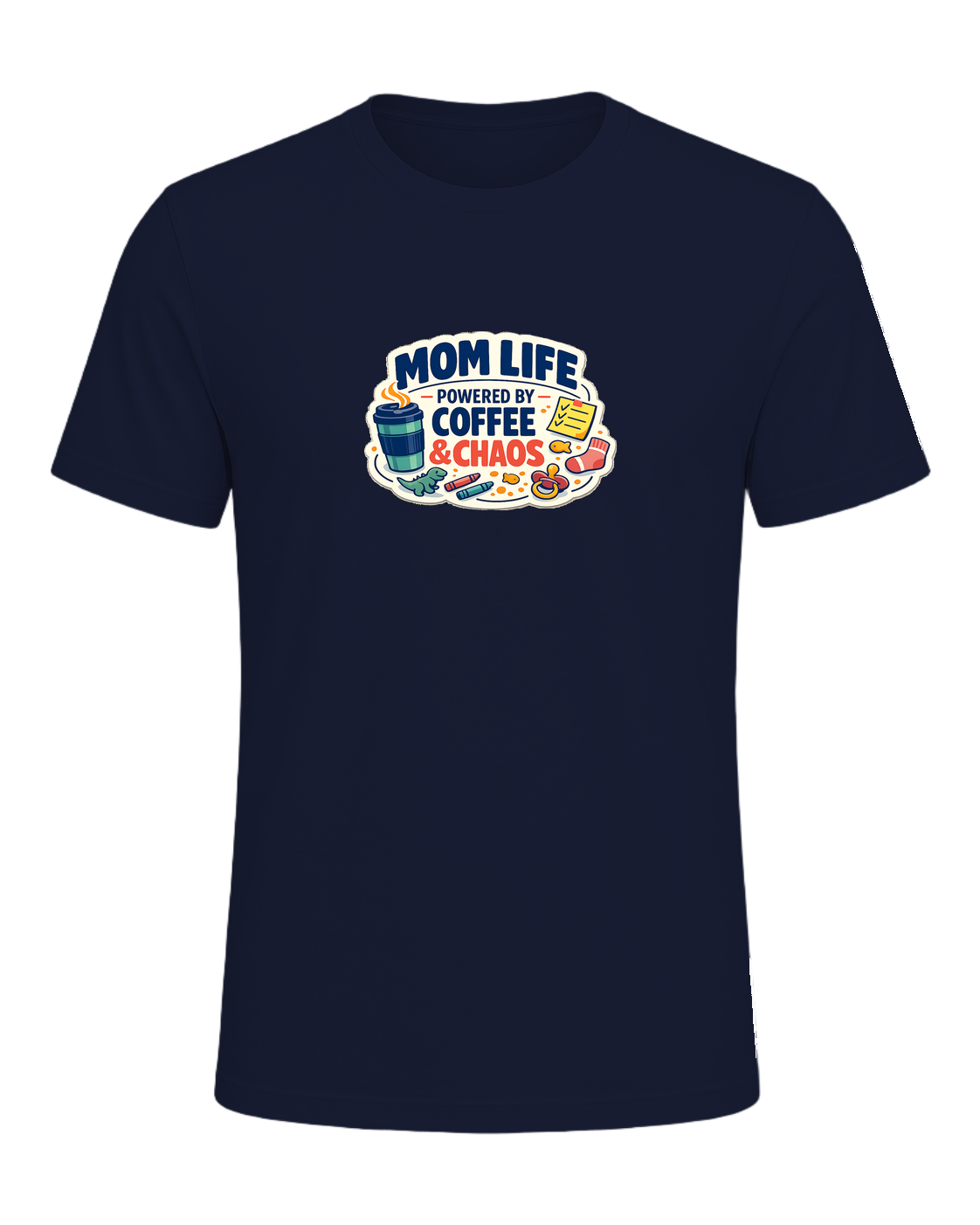 Mom Life Powered By Coffee & Chaos Tee — Navy