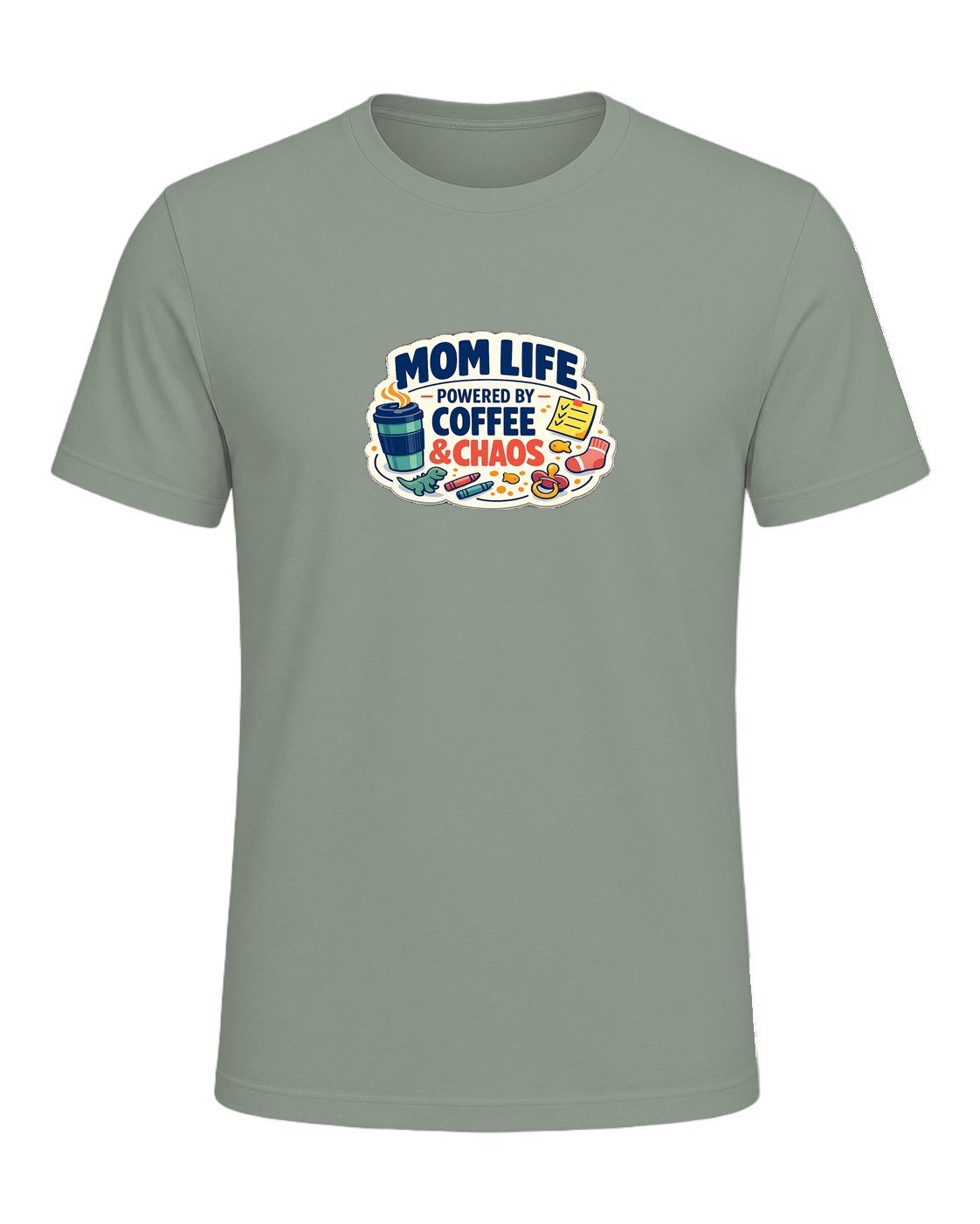 Mom Life Powered By Coffee & Chaos Tee — Sage